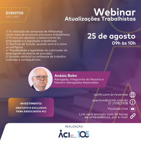 Advogado detalha seis temas das relações de trabalho em webinar no dia 25